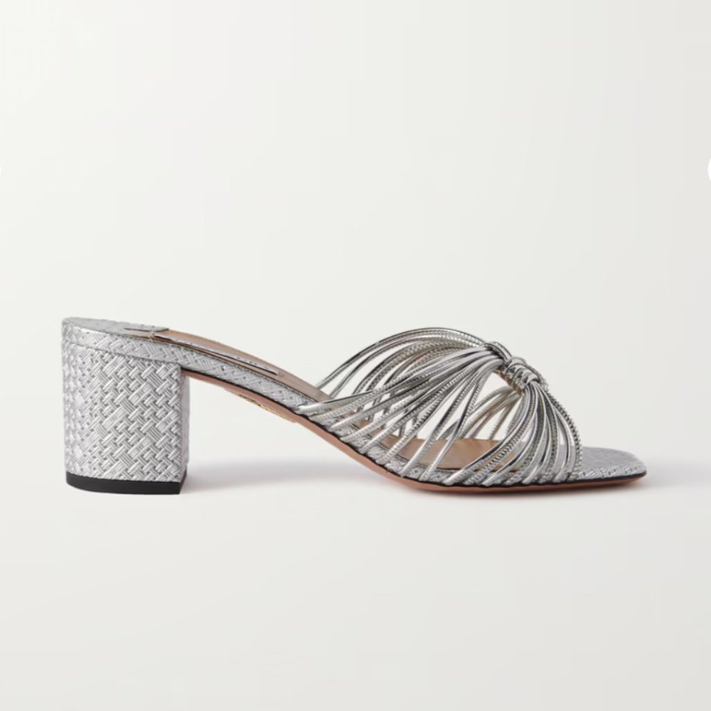 AQUAZZURA Club 50 woven metallic leather mules